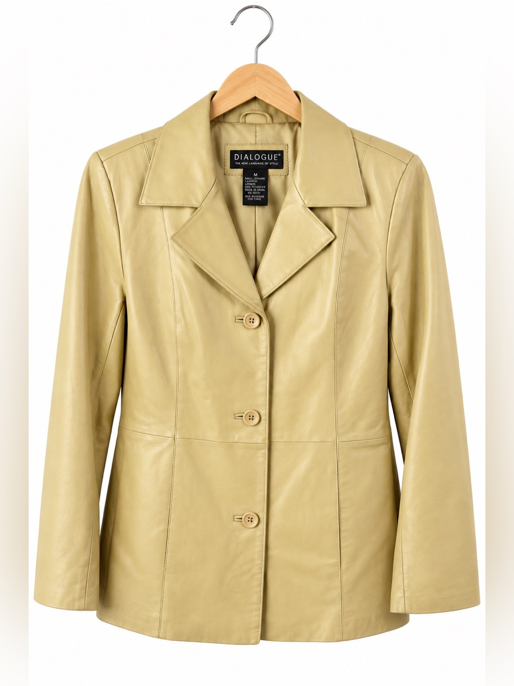 Dialogue Tan Leather Blazer Jacket Small Button Front Tailored Minimalist